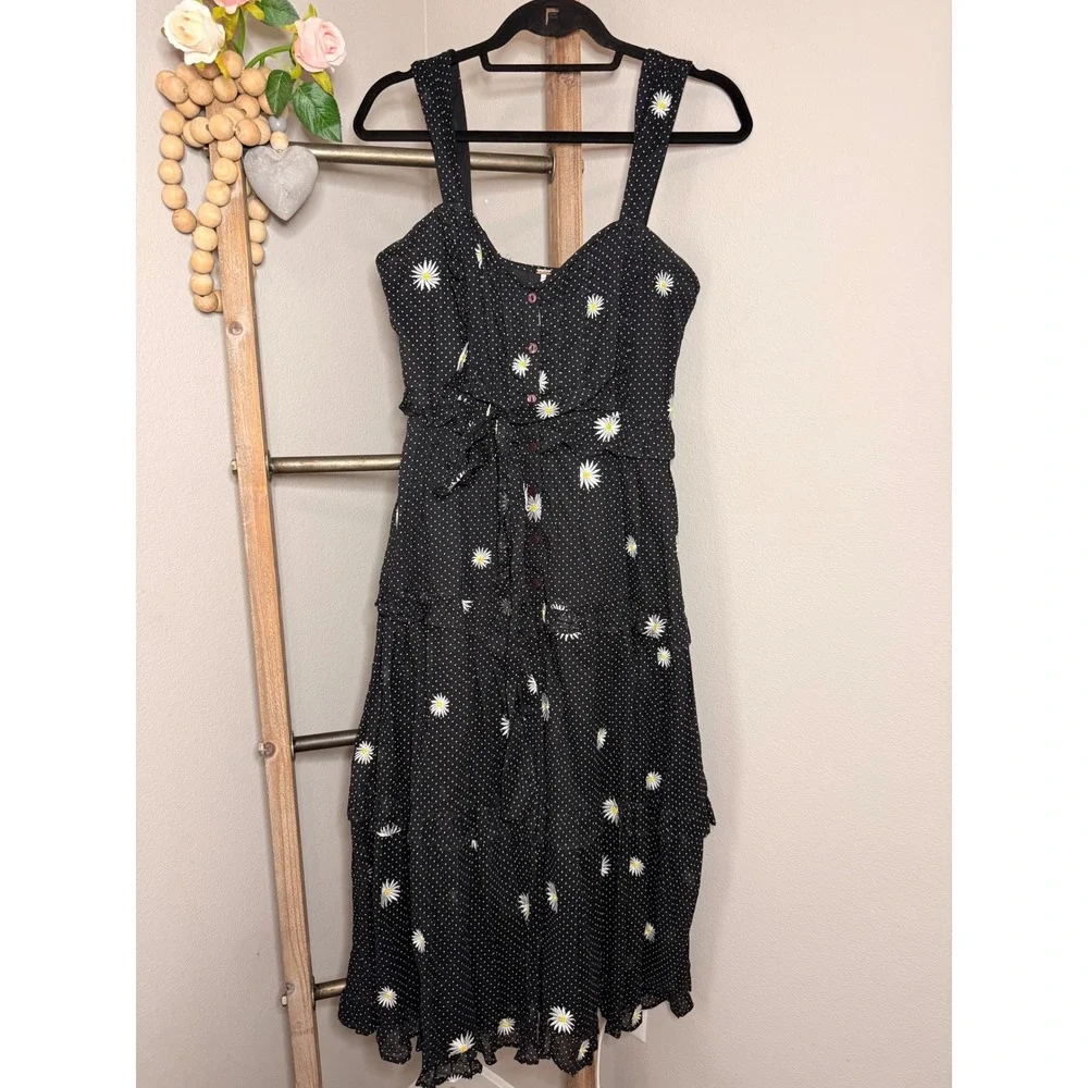 Free People Black Daisy Polka Dot Tiered Midi Dress Button Small